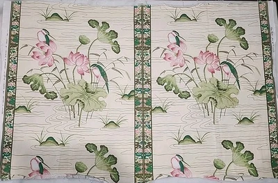 Greeff Vintage Lotus Garden Fabric Hummingbird Chinoiserie Green Cream Pink -1yd - Image 1 of 4