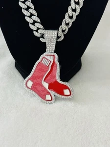 BOSTON RED SOX GEM NECKLACE Silver MLB Team Bling Pendant & 24" Chain, US SHIP - Picture 1 of 2