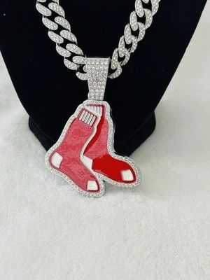 BOSTON RED SOX GEM NECKLACE Silver MLB Team Bling Pendant & 24" Chain, US SHIP - Image 1 of 2