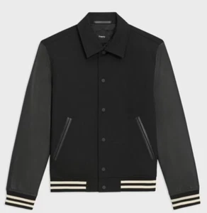 $895 Theory Varsity Jacket Textured Gabardine Lamb Leather Sleeves Black Size L - Picture 1 of 6