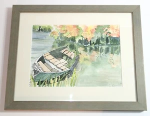 ORIGINAL INK & WATERCOLOR ROWBOAT ON SHORE WATER ROW BOAT COLORFUL by C. Roudst - Picture 1 of 23