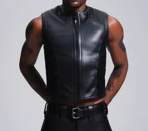 Men's Genuine Leather Waistcoat Motorbike Motorcycle Club Style Biker Vest Black - Picture 1 of 4