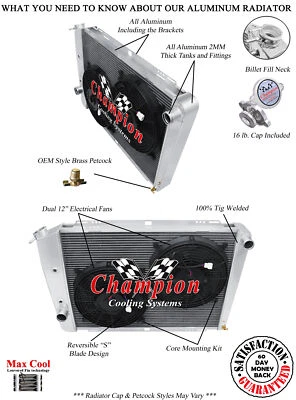 Radiador KR Champion 3 filas, 2 ventiladores de 12" para Lincoln Continental 1968 1969 motor V8 Foto 1 de 4
