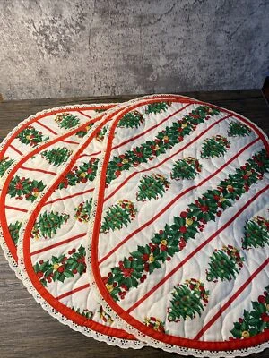 Vintage Christmas Place Mats 13”x19” Oval Lace Trim Set Of 4 Reversible - Image 1 of 4