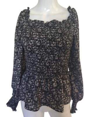 Blusa Max Studio Para Mujer S Negra Floral Campesina Mangas Largas Corsé Calado Foto 1 de 4