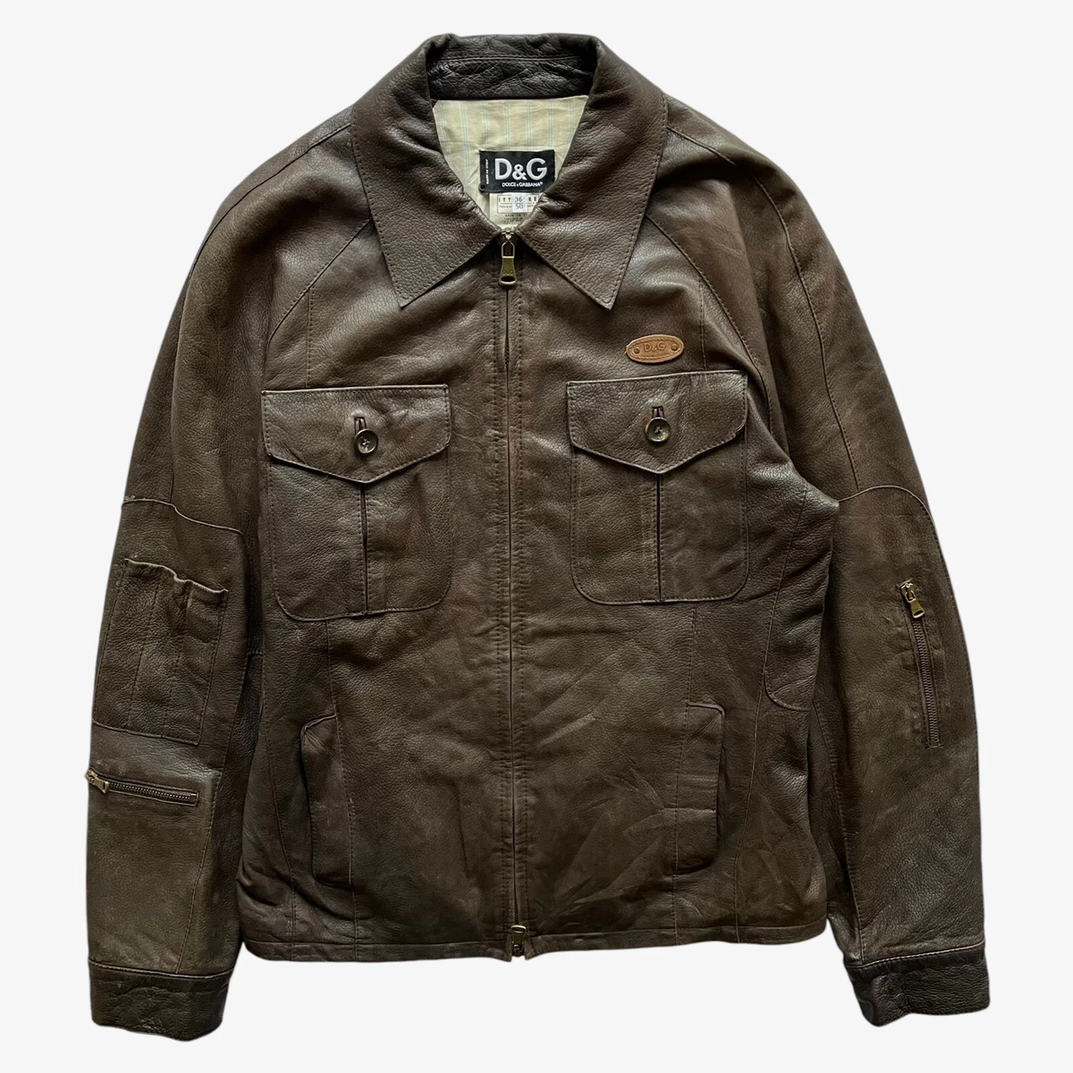ジャケット・アウター DOLCE&GABBANA LEATHER MILITARY JACKET AW2004 Dolce & Gabbana Multi Pockets Brown Biker Leather Jacket