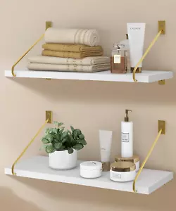 White Floating Shelves for Wall Mounted Hanging Wood Shelf with Gold Set of 2 - Picture 1 of 8