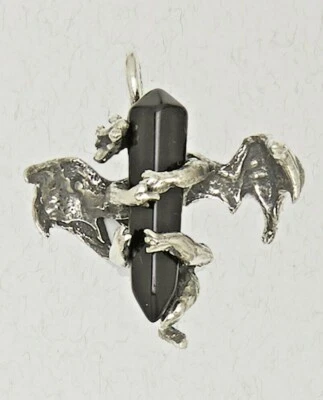 Dragon w/ Black Onyx Pewter Retilian Clutching Gemstone Pendant Jewelry - Image 1 of 2