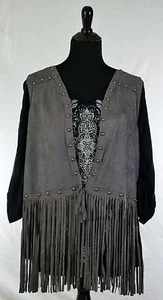 Women's Fringe Vest Jacket Top Cowboy Southern Studs Gunmetal Gray Small Medium - Picture 1 of 2