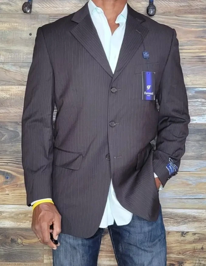 Blazer Chaqueta Deportiva Ferrecci Uomo Marrón Rayas Doble Ventilación Nuevo con Etiquetas Talla 38R $299 Foto 1 de 4