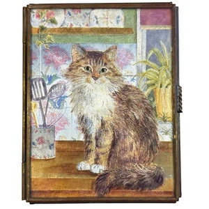 Messing & Buntglas Katze Kätzchen Schmuckkästchen Spiegel Innen Klappdeckel - Bild 1 von 8