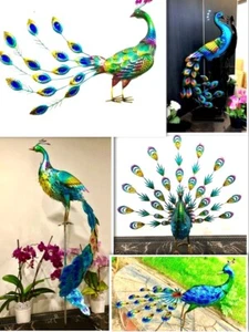 Peacock Coloured Metal Standing Peacock Garden Outdoor Ornament Decor Peacock - Picture 1 of 19