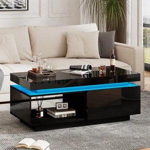 Couchtisch Rechteckiger Wohnzimmertisch mit LED Beleuchtung Hochglanz Schwarz - Bild 1 von 9