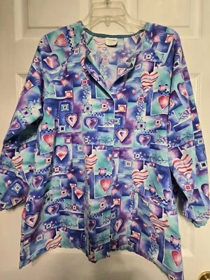 White Swan Scrub Jacket size M-Purple/Blue Hearts Snap-Up-Chest 23"/L 27.5" - Image 1 of 4