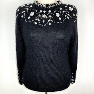 VTG Maggie Lawrence Sweater Women S Black Mohair Preppy Grandma Embellished 80s - Picture 1 of 10