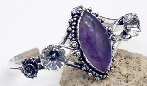 VALENTINO 925 Sterling Silver Purple Amethyst Gemstone Jewellery Cuff Bracelet Size ADJ