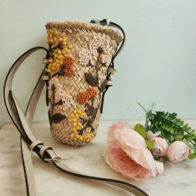 Zara Woven Straw Crossbody Mini Bag Floral Embroidery Wild Flower Raffia Purse - Image 1 of 4