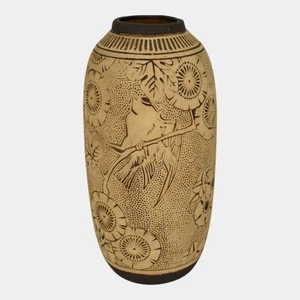 Weller Burntwood 1910s Vintage Art Pottery Brown Bird On Branches Ceramic Vase - Picture 1 of 6