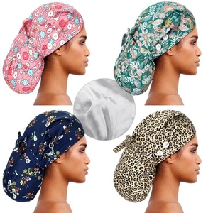 4 Pezzi Tappi Scrub Extra Large Foderati in Raso per Donna Capelli Lunghi Infermiera Chirurgica H... - Foto 1 di 7