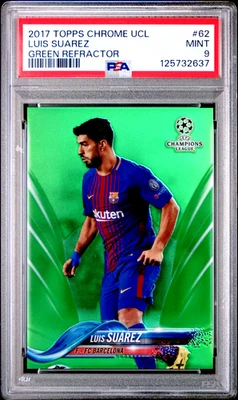 2017 Topps Chrome UCL 62 Luis Suarez Green Refractor #/99 PSA 9 FC Barcelona - Image 1 of 2