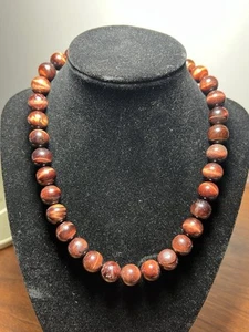 Vintage Red Tiger's Eye Round Gemstone Beadde Necklace 16” Barrel Clasp - Picture 1 of 7