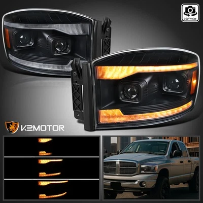 Amber LED DRL Fits 2006-2009 Dodge Ram 1500 2500 3500 Black Projector Headlights Foto 1 de 4