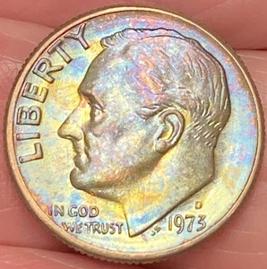 1973-D Roosevelt Dime Beautiful Brilliant Rainbow Toned Coin #13 - Picture 1 of 12