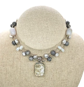 Sterling Silver wire bezel Pearls Jasper Faceted Quartz 34in Necklace - Picture 1 of 4