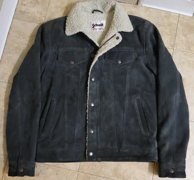Schott NYC | Goat Suede Sherpa Trucker Jacket - Medium (40/42) - Dark Grey - Image 1 of 4