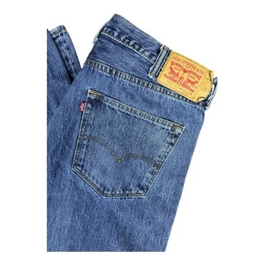 Levis 501 Jeans Mens 40x30 Blue Denim Button Fly Tapered Straight Leg Dark Wash - Picture 1 of 13
