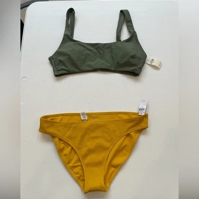 ¡NUEVO! Sujetador Aerie Bikini Medio Verde Oliva Acolchado Scoop Top + Parte Inferior Acanalada Amarilla Foto 1 de 4