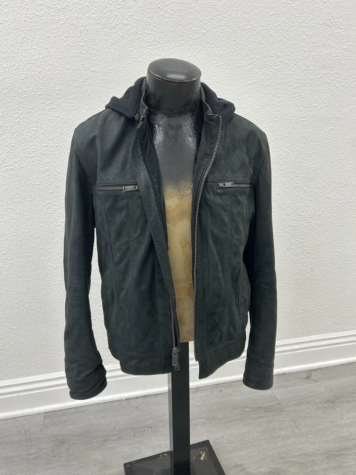 John Varvatos Star USA Hooded Zipper Leather Jacket Size Medium Removable Hoodie - Image 1 of 2