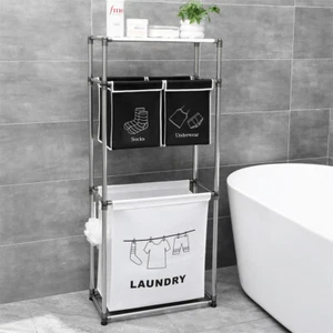 Stainless Steel 54" 3-Tier Laundry Sorter Hamper Basket Room Organizer Bags Hook - Picture 1 of 9