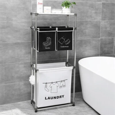 Stainless Steel 54" 3-Tier Laundry Sorter Hamper Basket Room Organizer Bags Hook - Image 1 of 4