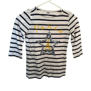 Old Navy Girls Sz Medium 8 Boatneck T-Shirt 3/4 Sleeve White Navy Stripes Paris - Picture 1 of 8