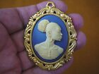 (Ca20-35) Rare African American Lady White + Blue Flower Oval Cameo Pin Pendant