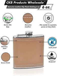 Genuine Leather Hip Flask Holding 6 oz - Engravable - Picture 1 of 3
