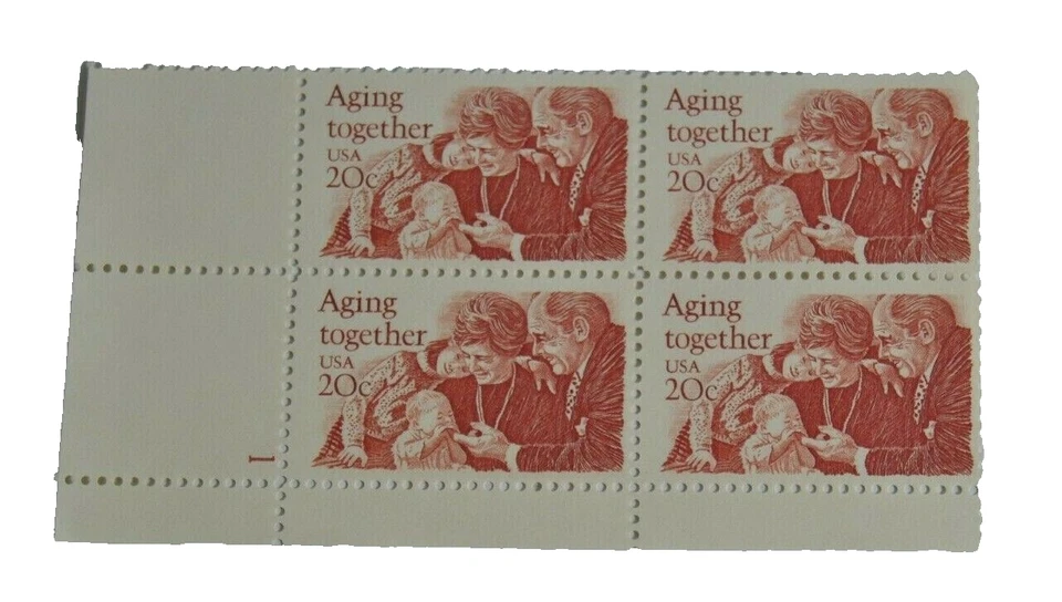 Aging Together, USA 20c Plate Block of Four Stamps Scott# 2011 (1982) - Image 1 of 4
