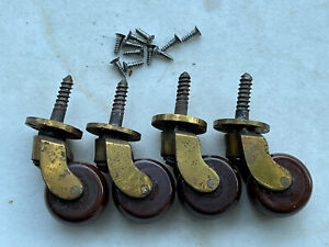 4-Antique Brass Casters-Brown Glass Wheels/Shoulders-Mounting Plates-Complete