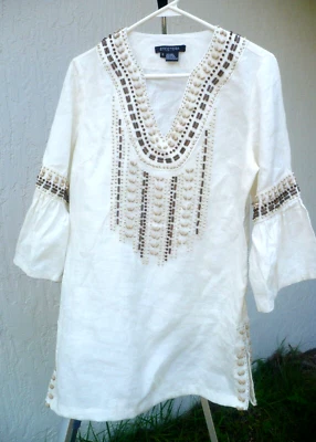 ETCETERA TÚNICA MARFIL LINO MANGA CAMPANA LOOK HIPPIE BEIGE CUENTAS BABERO BLUSA M S Foto 1 de 4