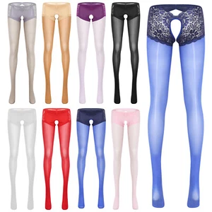 UK Women Sheer Mesh Glossy Crotchless Pantyhose Tights High Waist Stockings - Picture 1 of 66