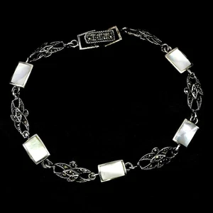 925 Sterling Silver Bracelet Octagonmop 8x6mm Marcasite Gemstone Jewelry 7.5in - Picture 1 of 13