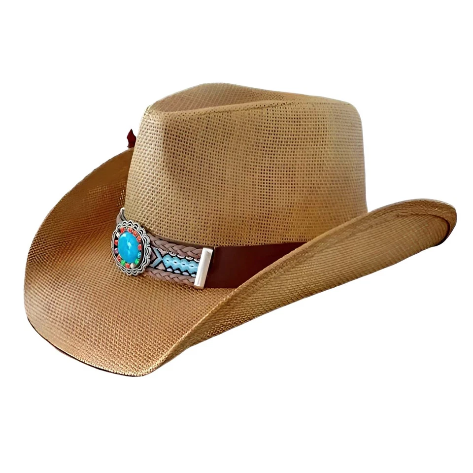 CHAPÉU DE COWBOY PALHA marrom claro com destaque turquesa (tamanho adulto) enviado em uma caixa - Imagem 1 de 4