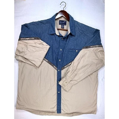 Wrangler Western Shirt Blue Beige Aztec Tribal Button Up Cowboy, Men's XXL - Image 1 of 4