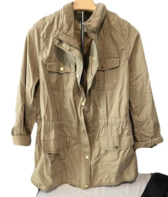 女式野战夹克外套卡其色尺寸 2x 军用风格米色棕褐色拉链 — 第 1/3 张图片
