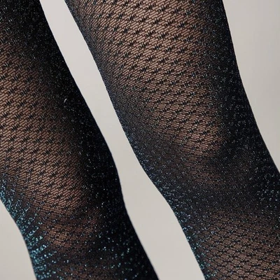 Conte Fete semi-sheer tights 50 den hosiery blue-black lurex geometric openwork - Image 1 of 4