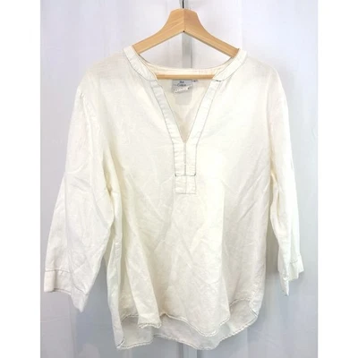 LO ÚLTIMO ALGODÓN Talla L Popover Top Cuello en V Manga 3/4 Algodón Lino Blanco Azul Marino EE. UU. Foto 1 de 4