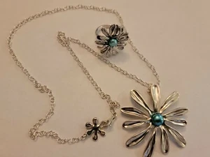 Juego de collar y anillo Hagit Gorali flor de plata esterlina azul perla - Imagen 1 de 11