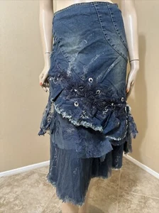 Women’s Blue Denim Cotton Casual Boho Bead Zip Embroidery Size S(4-6) Skirt 3352 - Picture 1 of 22