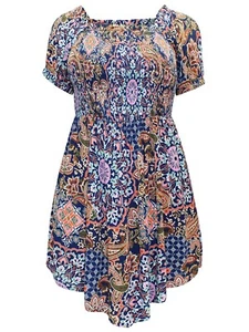 Ex-Joe Browns Navy Multi Paisley Printed Short Sleeved Square Neck Tunic-UK22 - Picture 1 of 5